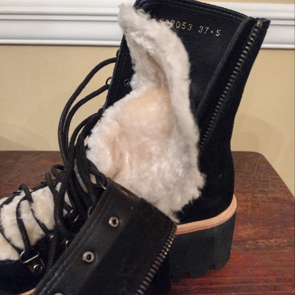 ALL BLACK Black Cream Suede Shearling Lug Flatform Platform Boots Size 37.5 (7) - Picture 9 of 12